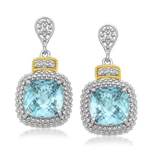 Boucles d'oreilles en or jaune 18 carats et argent sterling avec topaze bleu ciel et diamants (poids total 0,05 carat)