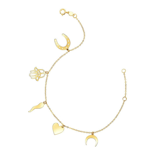 Bracelet en or jaune 14 carats de 17,78 cm avec breloques polies