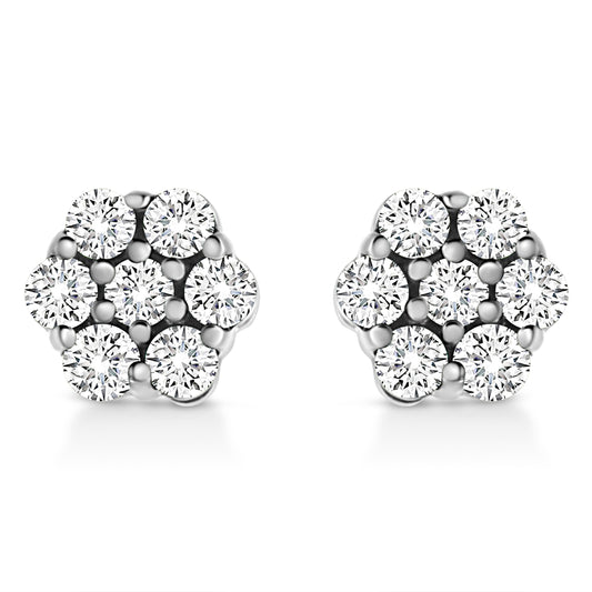 Boucles d'oreilles clous en forme de fleur en or blanc 14 carats, diamants ronds sertis à griffes 0,5 carat total (couleur H-I, pureté I1-I2)