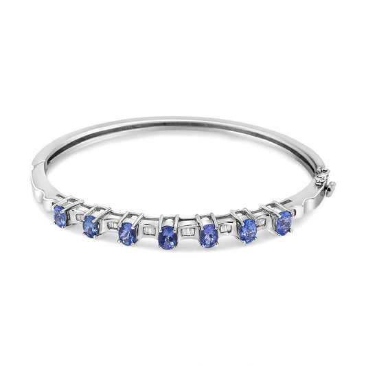 Bracelet en or blanc 14 carats avec tanzanite bleue ovale de 5 mm et diamants 0,25 carat (couleur H-I, pureté VS2-SI1) - Convient aux poignets jusqu'à 7,5 pouces