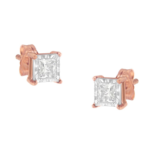 Boucles d'oreilles clous solitaires miracle plaquées or rose 14 carats et argent sterling .925 bicolore avec diamants incolores de taille princesse (0,5 carat total, couleur J-K, pureté I2-I3)