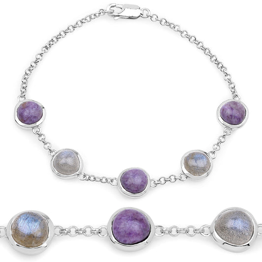 Bracelet en argent sterling .925 véritable Charoite et Labradorite de 11.00 carats