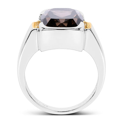 Two Tone Plated 5.51 Carat Genuine Smoky Quartz and White Topaz .925 Sterling Silver Ring