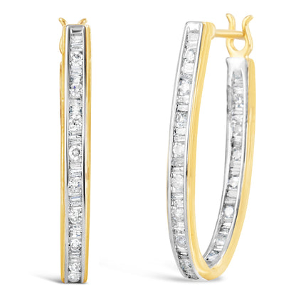 10K Yellow Gold 1.00 Cttw Round and Baguette-Cut Diamond U-Hoop Earrings (H-I Color, SI2-I1 Clarity)