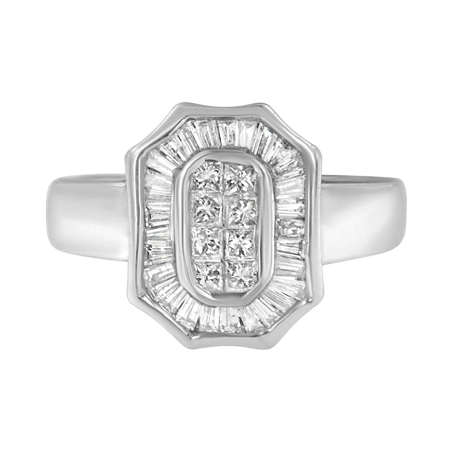 14K White Gold 1.00 Cttw Baguette and Princess-Cut Diamond Cocktail Art Deco Style Ring (H-I Color, SI1-SI2 Clarity) - Size 7