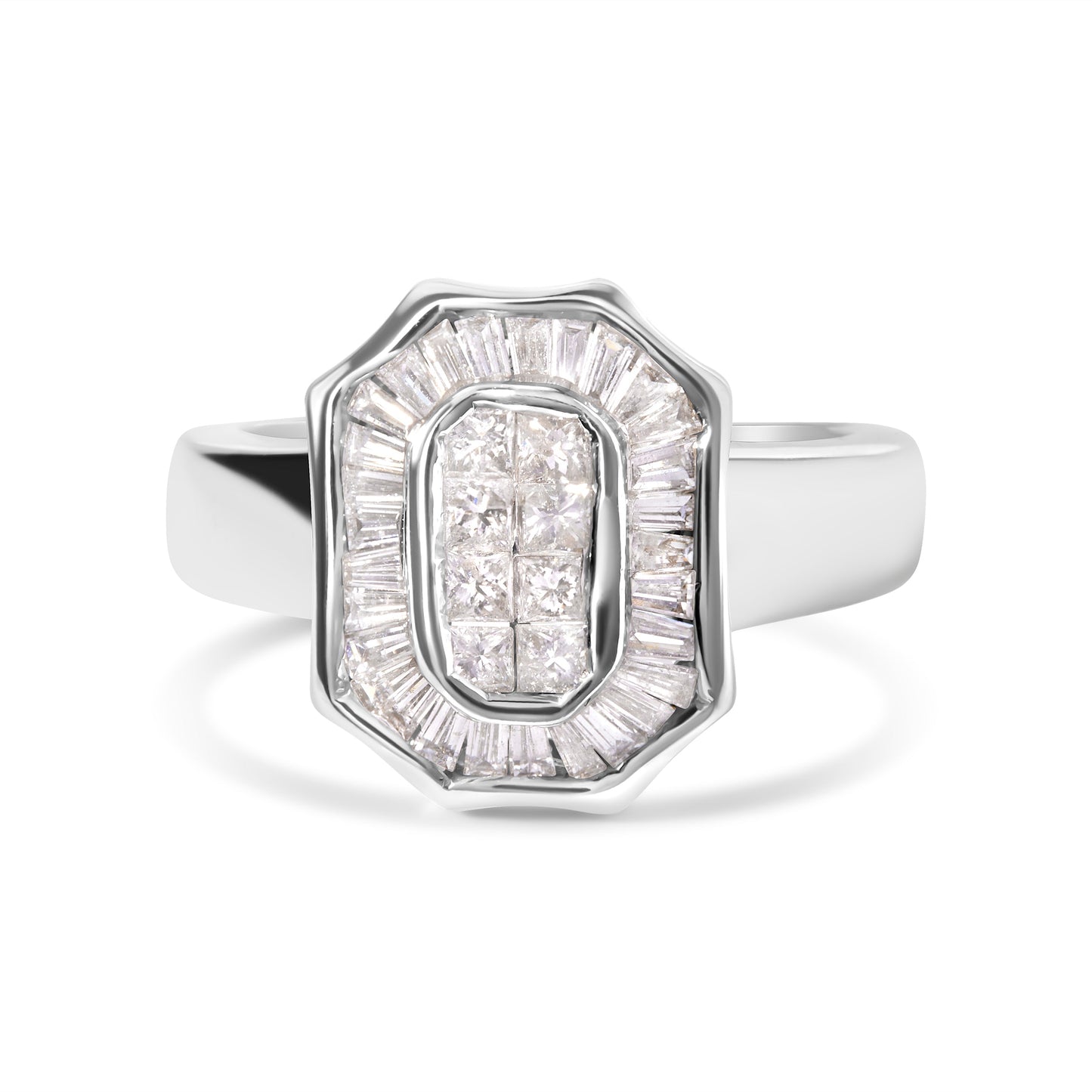 14K White Gold 1.00 Cttw Baguette and Princess-Cut Diamond Cocktail Art Deco Style Ring (H-I Color, SI1-SI2 Clarity) - Size 7