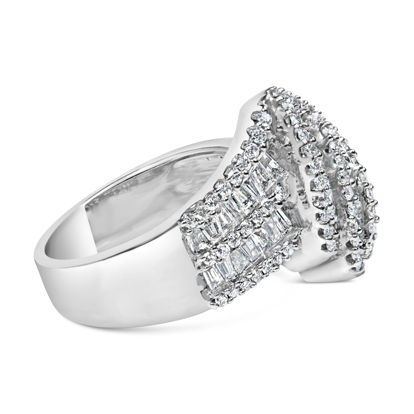 14K White Gold 1-1/2 Cttw Round and Baguette Diamond Bypass Cocktail Ring Band (H-I Color, SI1-SI2 Clarity) - Size 7