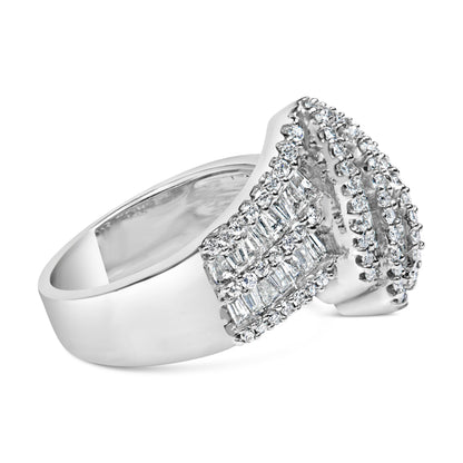 14K White Gold 1-1/2 Cttw Round and Baguette Diamond Bypass Cocktail Ring Band (H-I Color, SI1-SI2 Clarity) - Size 7