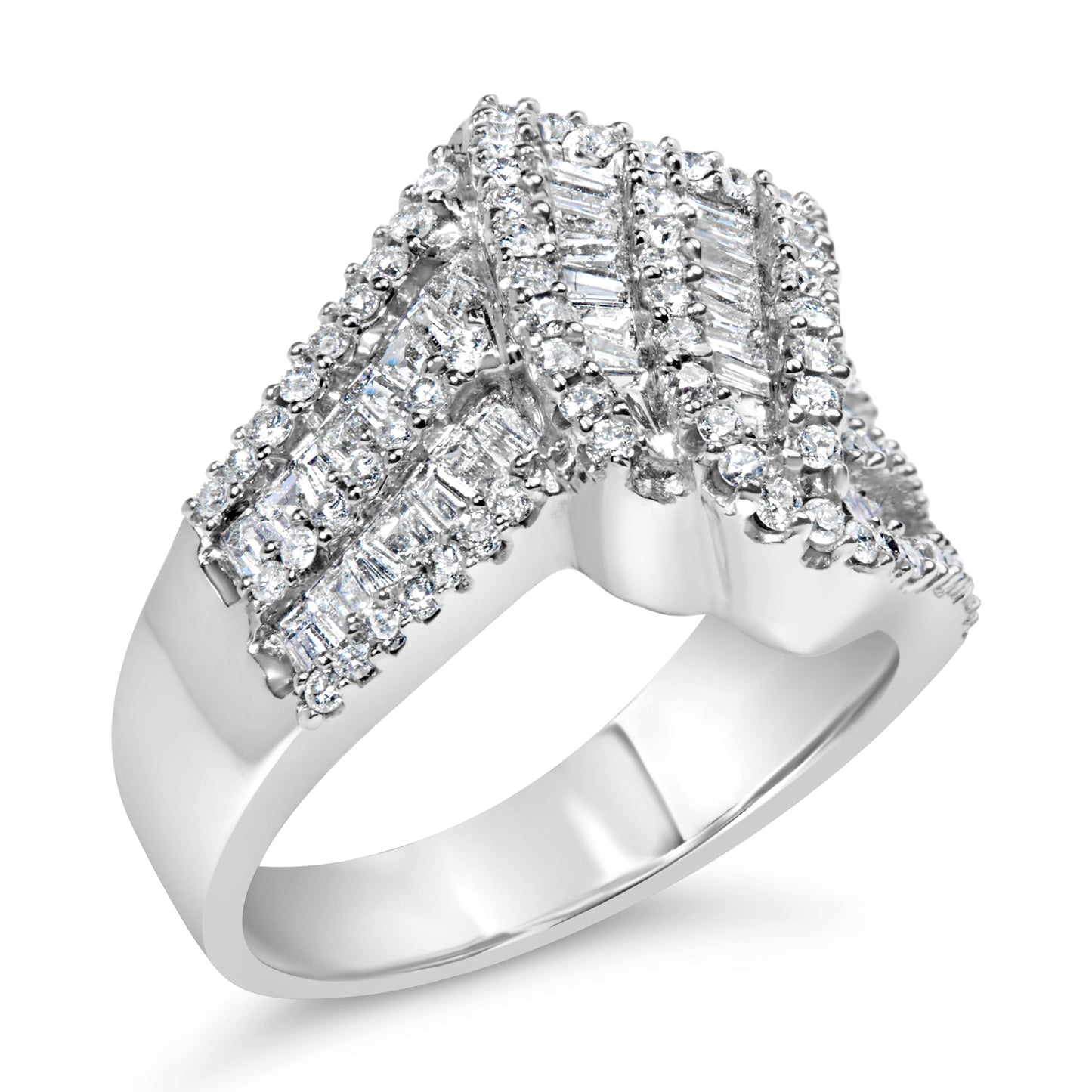 14K White Gold 1-1/2 Cttw Round and Baguette Diamond Bypass Cocktail Ring Band (H-I Color, SI1-SI2 Clarity) - Size 7