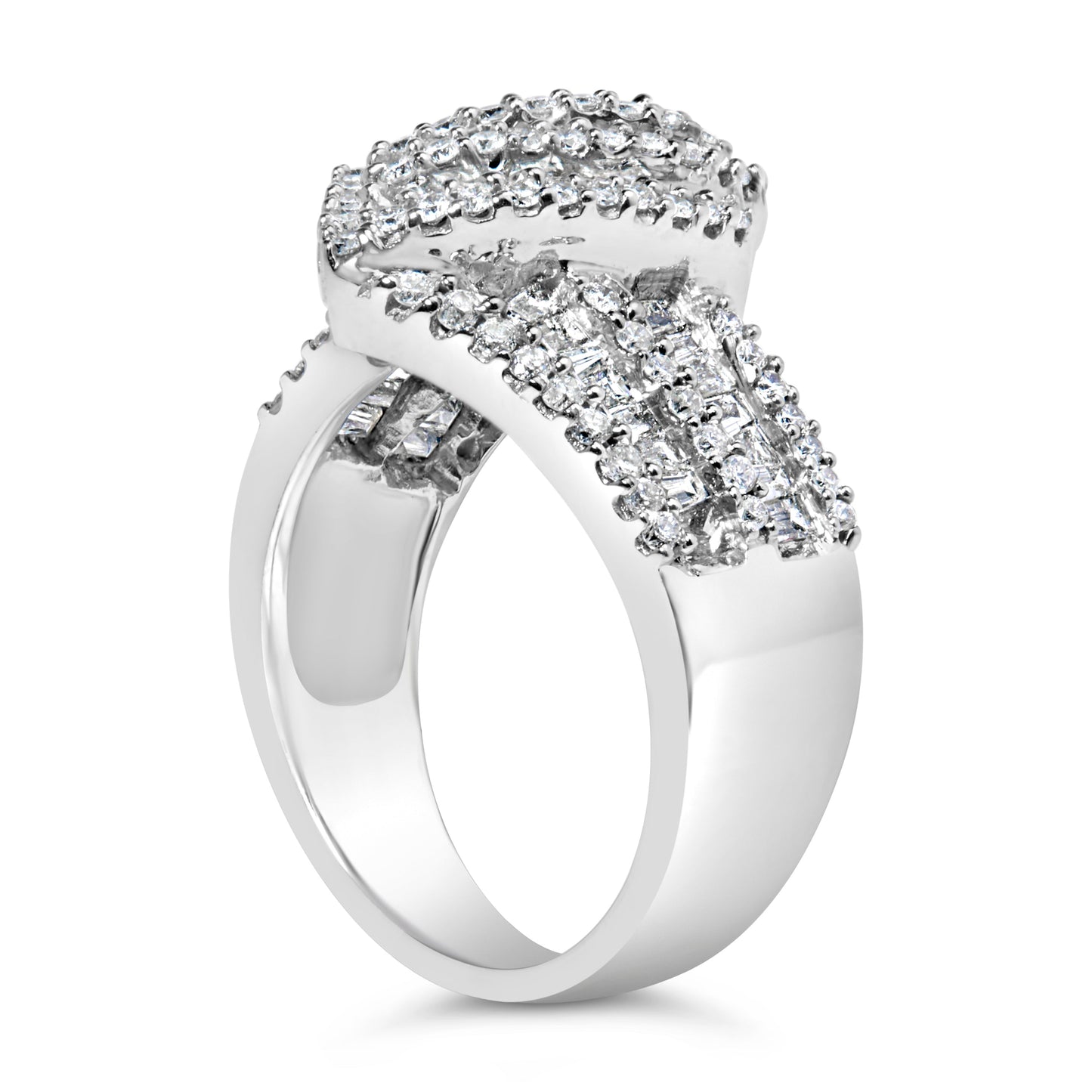 14K White Gold 1-1/2 Cttw Round and Baguette Diamond Bypass Cocktail Ring Band (H-I Color, SI1-SI2 Clarity) - Size 7