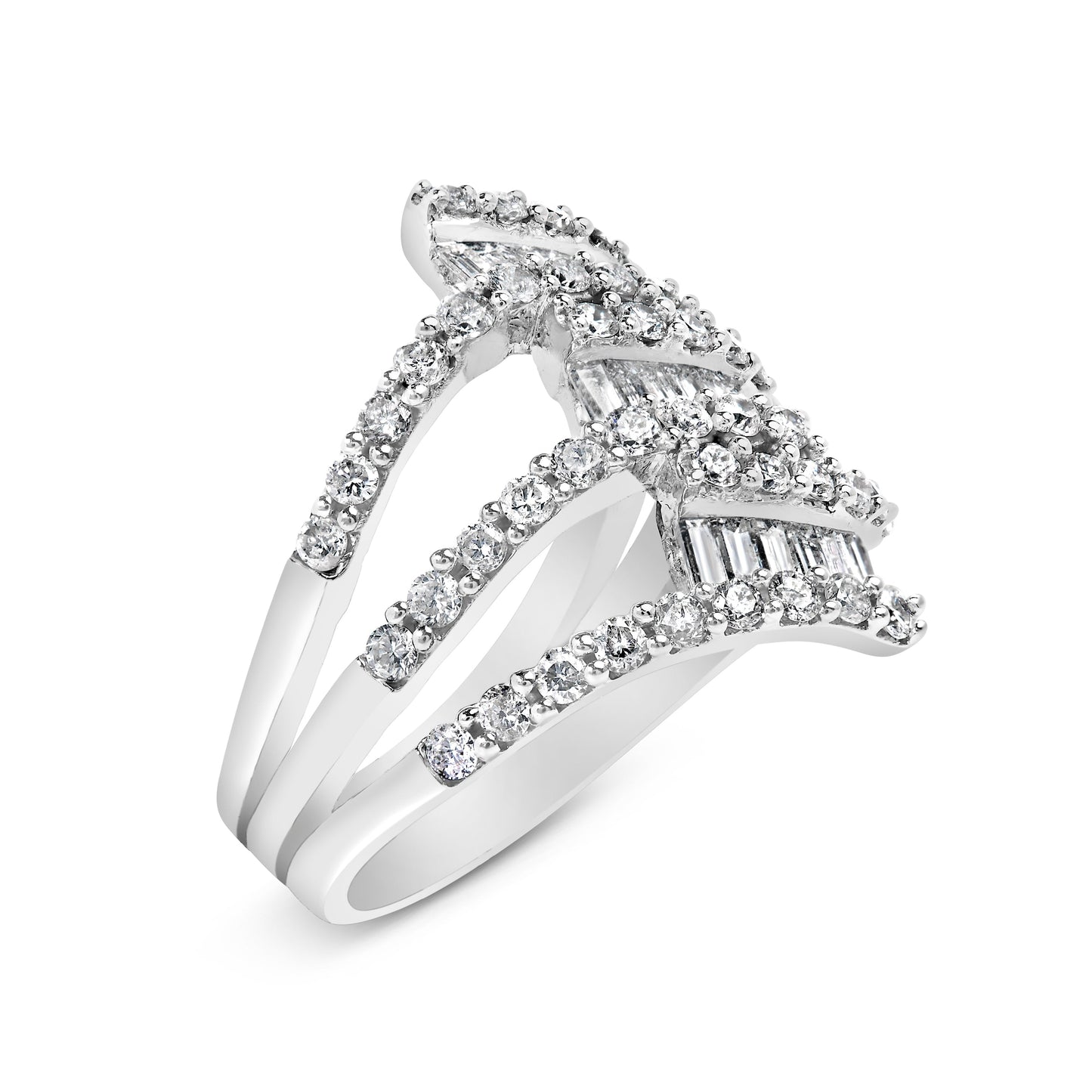 18K White Gold 1 3/4 Cttw Diamond Multi Crossover and Split Shank Cocktail Ring