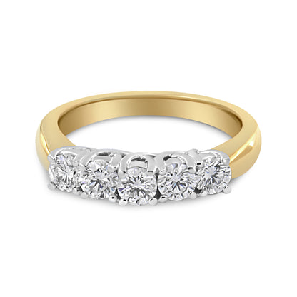 18K Yellow Gold 1.0 Cttw 4 Prong Set Round Cut Diamond Step up 5 Stone Ring Band (F-G Color, SI1-SI2 Clarity) - Size 6
