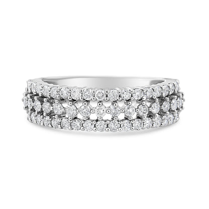 14K White Gold 1.0 Cttw Prong Set Round Diamond Split Shank Three Row Band Ring (H-I Color, I2-I3 Clarity) - Size 6