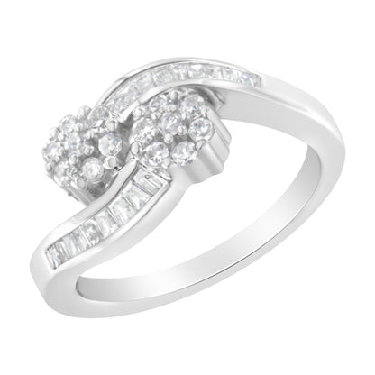 14K White Gold Round and Baguette Diamond Bypass Ring (1/2 cttw, H-I Color, I1-I2 Clarity) - Ring Size 6