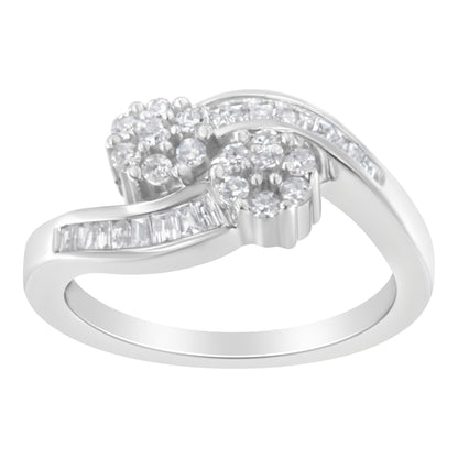 14K White Gold Round and Baguette Diamond Bypass Ring (1/2 cttw, H-I Color, I1-I2 Clarity) - Ring Size 6