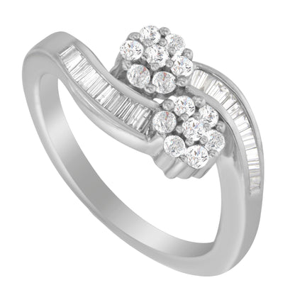 14K White Gold Round and Baguette Diamond Bypass Ring (1/2 cttw, H-I Color, I1-I2 Clarity) - Ring Size 6