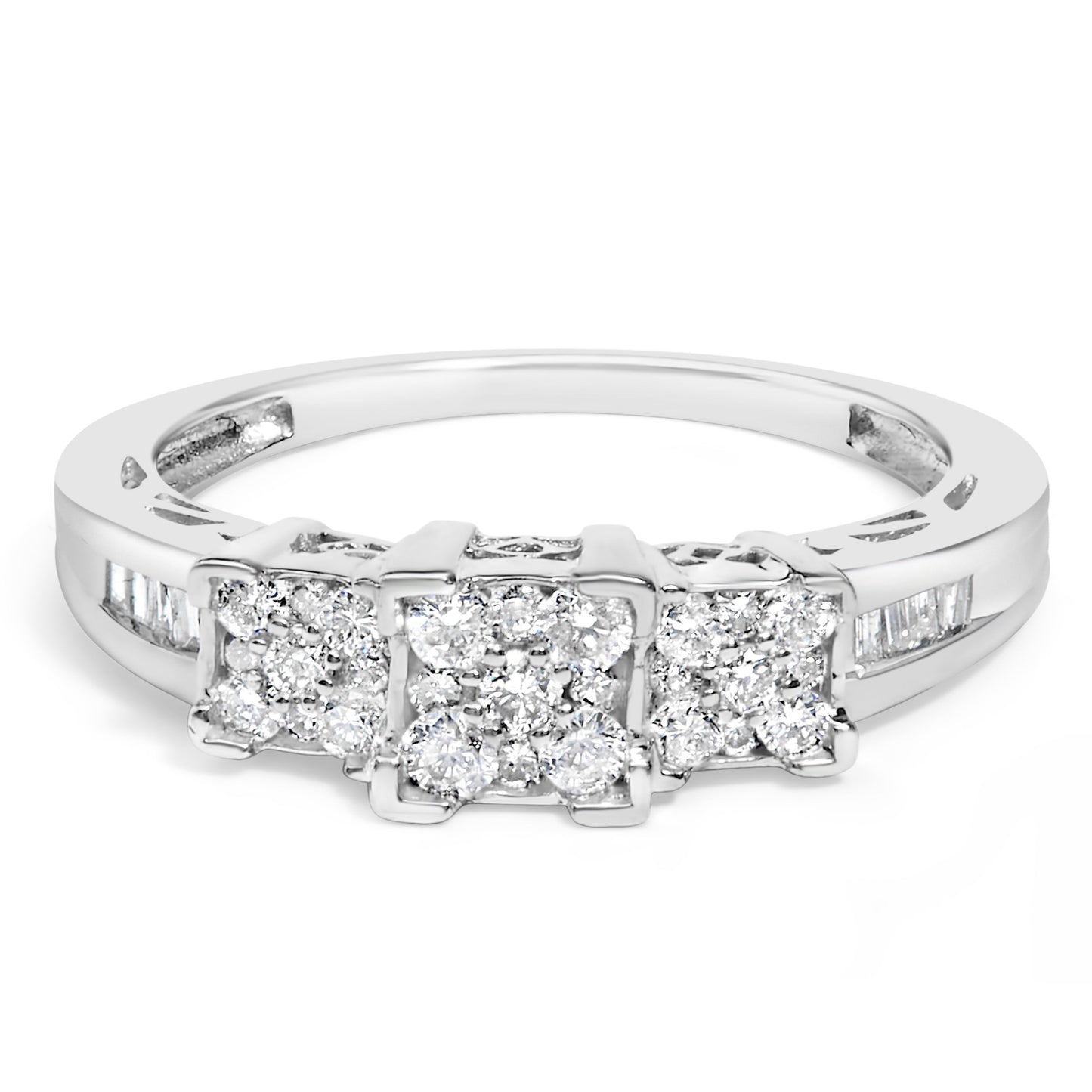 10K White Gold 1/2 Cttw Brilliant & Baguette Cut Diamond 3 Stone Design with 3 Square Clusters Engagement Ring (H-I Color, SI2-I1 Clarity) - Size 6-3/4