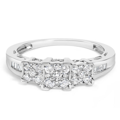 10K White Gold 1/2 Cttw Brilliant & Baguette Cut Diamond 3 Stone Design with 3 Square Clusters Engagement Ring (H-I Color, SI2-I1 Clarity) - Size 6-3/4
