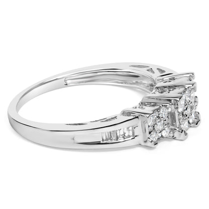 10K White Gold 1/2 Cttw Brilliant & Baguette Cut Diamond 3 Stone Design with 3 Square Clusters Engagement Ring (H-I Color, SI2-I1 Clarity) - Size 6-3/4