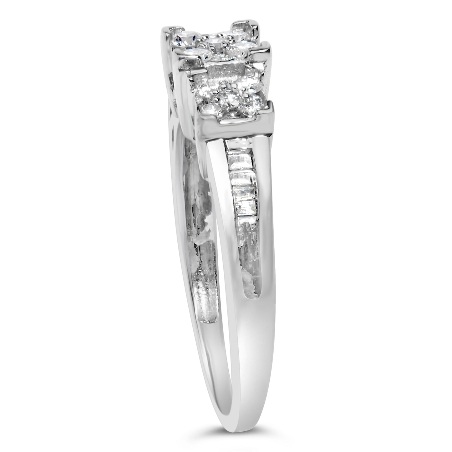 10K White Gold 1/2 Cttw Brilliant & Baguette Cut Diamond 3 Stone Design with 3 Square Clusters Engagement Ring (H-I Color, SI2-I1 Clarity) - Size 6-3/4