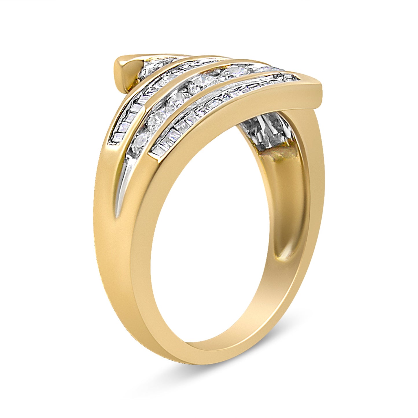 10K Yellow Gold 1 Cttw Round and Baguette-Cut Diamond Multi Row Bypass Ring Band (H-I Color, I1-I2 Clarity) - Ring Size 7