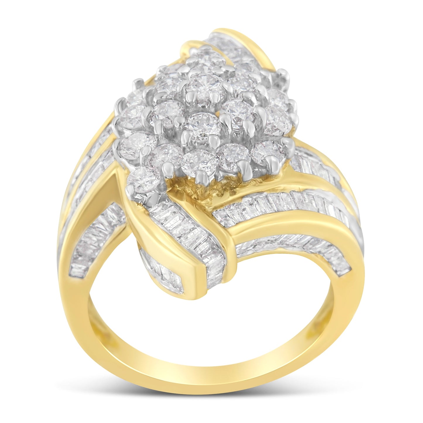 10K Yellow Gold Round and Baguette Diamond Crossover Cluster Ring (3 Cttw, I-J Color, I1-I2 Clarity) - Size 7-1/2