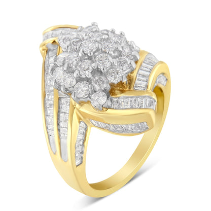 10K Yellow Gold Round and Baguette Diamond Crossover Cluster Ring (3 Cttw, I-J Color, I1-I2 Clarity) - Size 7-1/2