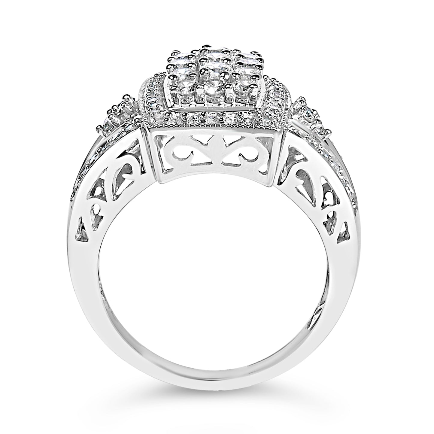 10K White Gold 1.0 Cttw Diamond Rectangular Cushion Shaped Cluster Halo Flared Band Cocktail Fashion Ring (H-I Color, SI2-I1 Clarity) - Size 7