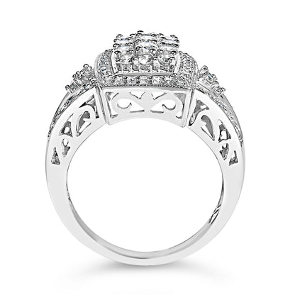 10K White Gold 1.0 Cttw Diamond Rectangular Cushion Shaped Cluster Halo Flared Band Cocktail Fashion Ring (H-I Color, SI2-I1 Clarity) - Size 7