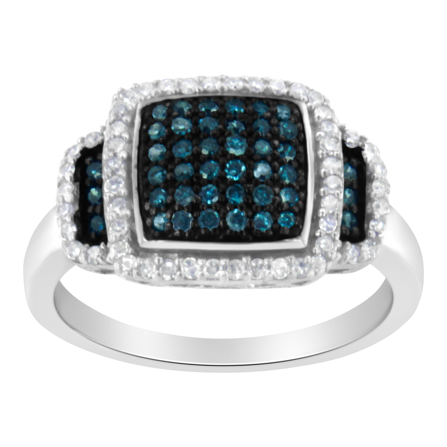 Black Rhodium Plated .925 Sterling Silver 1/2 Cttw White & Blue Diamond Square Halo Cocktail Ring (Fancy Blue & H-I Color, I2-I3 Clarity) - SIze 6