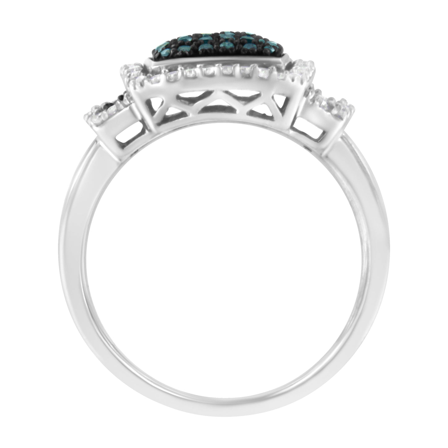 Black Rhodium Plated .925 Sterling Silver 1/2 Cttw White & Blue Diamond Square Halo Cocktail Ring (Fancy Blue & H-I Color, I2-I3 Clarity) - SIze 6