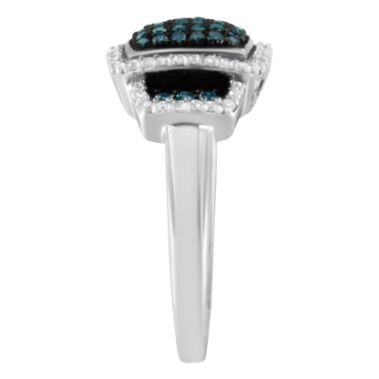 Black Rhodium Plated .925 Sterling Silver 1/2 Cttw White & Blue Diamond Square Halo Cocktail Ring (Fancy Blue & H-I Color, I2-I3 Clarity) - SIze 6