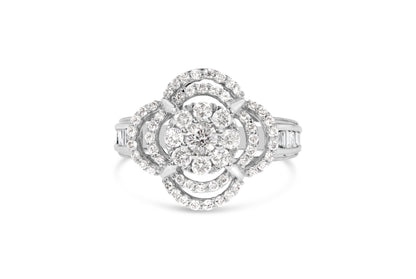 14K White Gold 1.0 Cttw Round & Baguette Cut Diamond Floral Cluster Quatrefoil Channel Set Band Cocktail Statement Ring (H-I Color, SI2-I1 Clarity) - Size 6-3/4