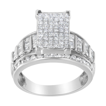 14K White Gold 2.0 Cttw Mixed-Cut Diamond Rectangle Invisible-Set Composite Cluster Ring with Bar- and Channel-Set Band (H-I Color, SI2-I1 Clarity) - Size 5