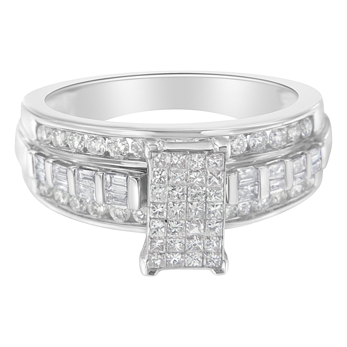 14K White Gold 1.0 Cttw Mixed-Cut Diamond Rectangle Invisible-Set Composite Cluster Ring with Bar- and Channel-Set Band (H-I Color, SI2-I1 Clarity) - Size 7