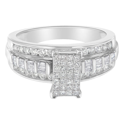 14K White Gold 1.0 Cttw Mixed-Cut Diamond Rectangle Invisible-Set Composite Cluster Ring with Bar- and Channel-Set Band (H-I Color, SI2-I1 Clarity) - Size 7