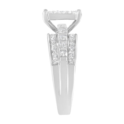 14K White Gold 1.0 Cttw Mixed-Cut Diamond Rectangle Invisible-Set Composite Cluster Ring with Bar- and Channel-Set Band (H-I Color, SI2-I1 Clarity) - Size 7