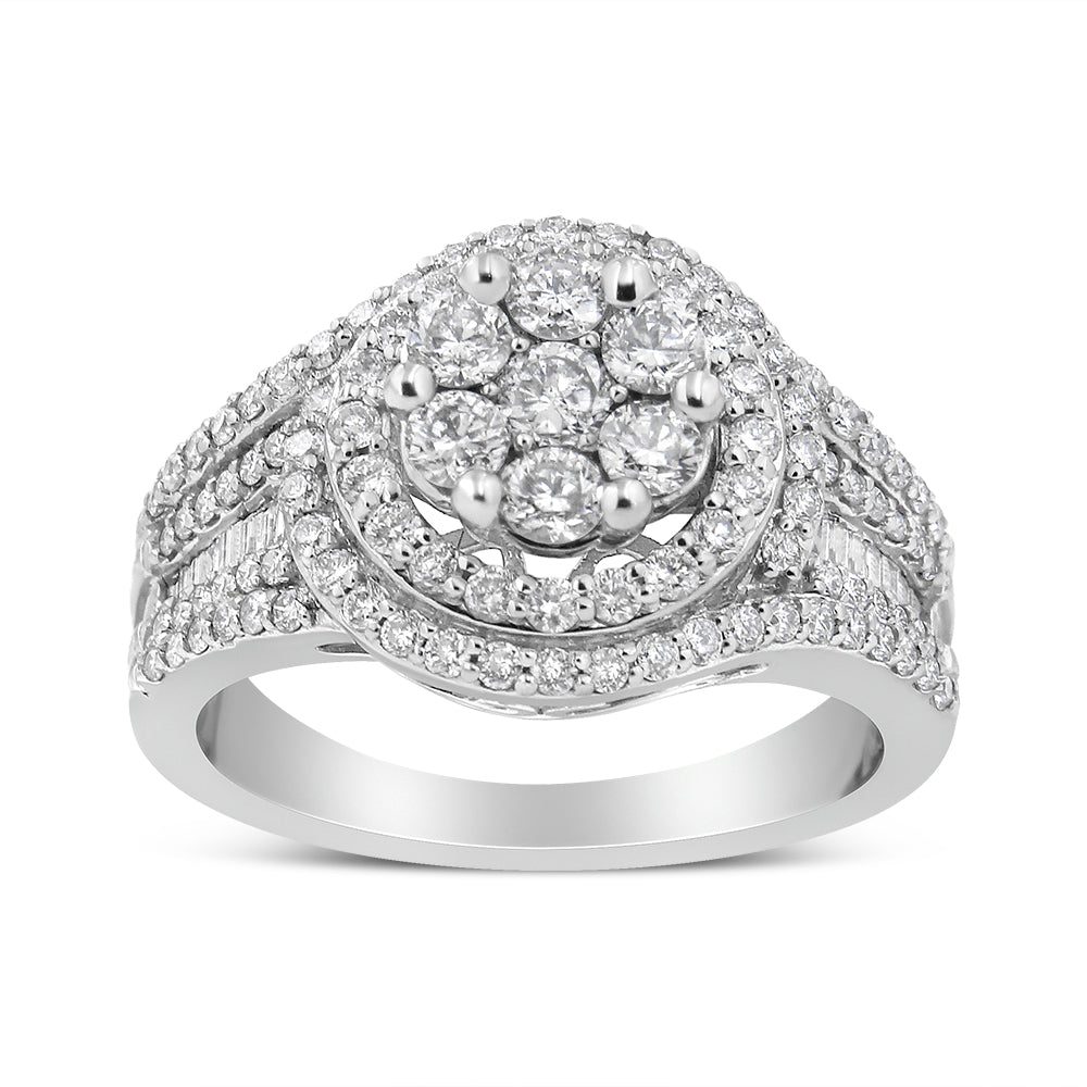 14K White Gold 1 1/2 Cttw Diamond Floral Cluster and Studded Shank Halo Ring (H-I Color, SI2-I1 Clarity) - Ring Size 7