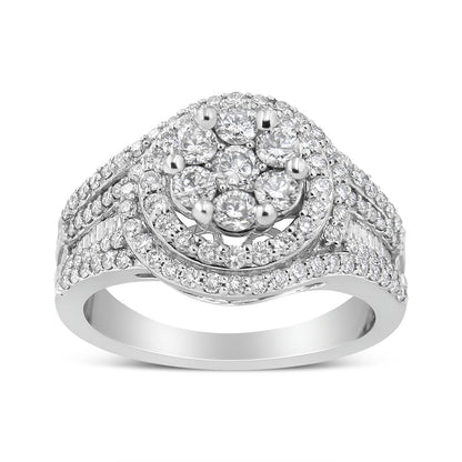 14K White Gold 1 1/2 Cttw Diamond Floral Cluster and Studded Shank Halo Ring (H-I Color, SI2-I1 Clarity) - Ring Size 7