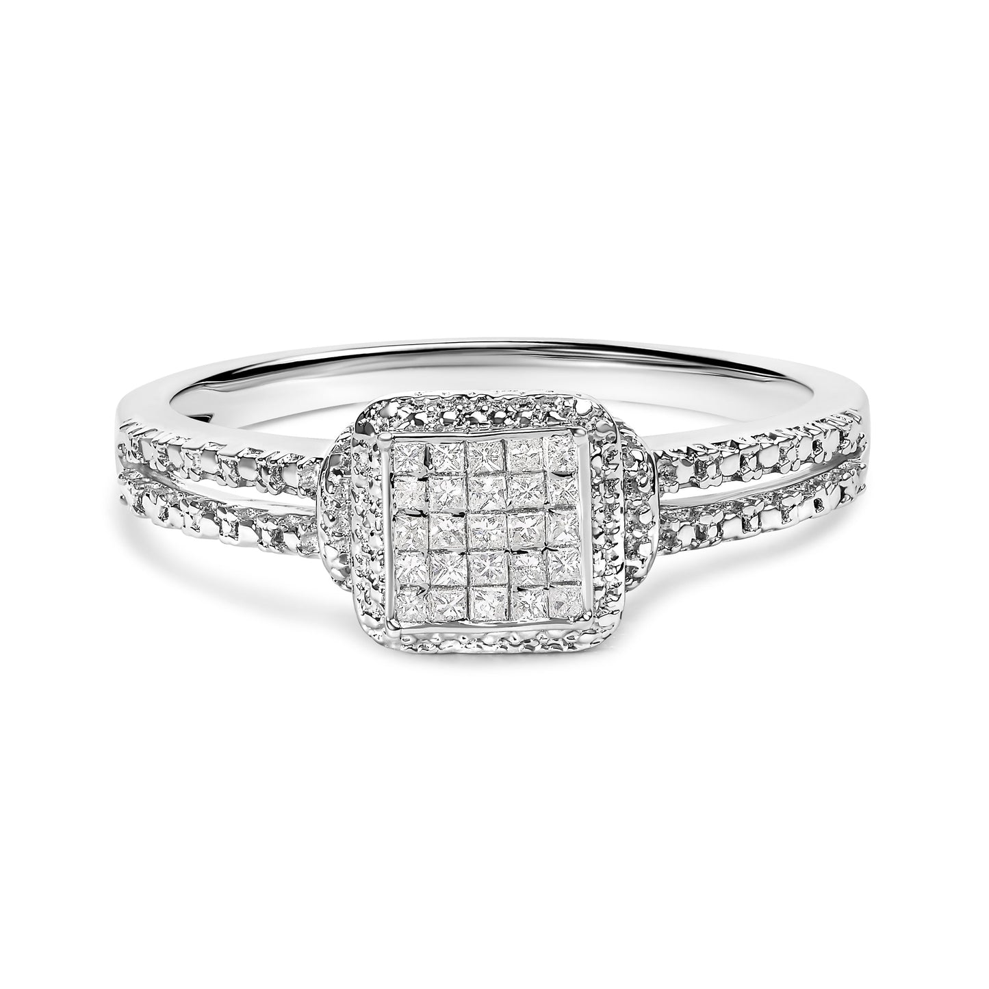 .925 Sterling Silver 1/4 Cttw Princess-cut Diamond Composite Ring with Beaded Halo (H-I Color, SI1-SI2 Clarity) - Size 7