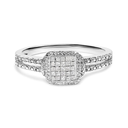 .925 Sterling Silver 1/4 Cttw Princess-cut Diamond Composite Ring with Beaded Halo (H-I Color, SI1-SI2 Clarity) - Size 7