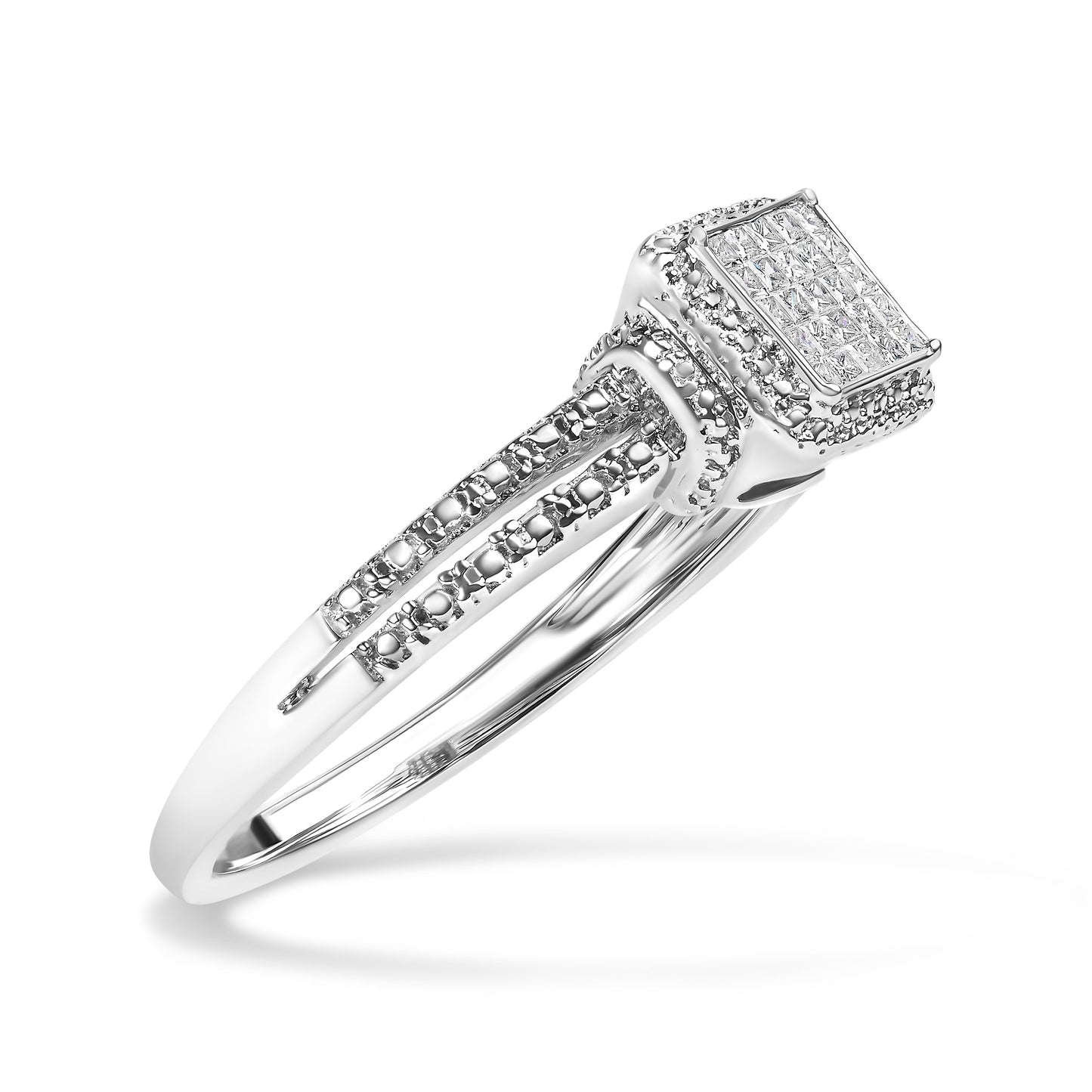 .925 Sterling Silver 1/4 Cttw Princess-cut Diamond Composite Ring with Beaded Halo (H-I Color, SI1-SI2 Clarity) - Size 7
