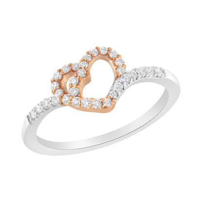 10K Rose Gold over .925 Sterling Silver 1/5 Cttw Diamond Two Tone Open Heart Promise or Fashion Ring (I-J Color, I2-I3 Clarity) - Size 6