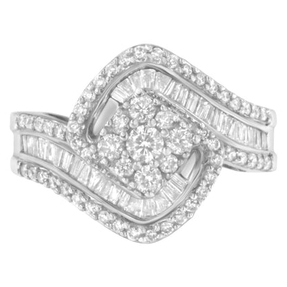 14K White Gold 1 Cttw Baguette and Round Diamond Floral Swirl Cluster Cocktail Ring