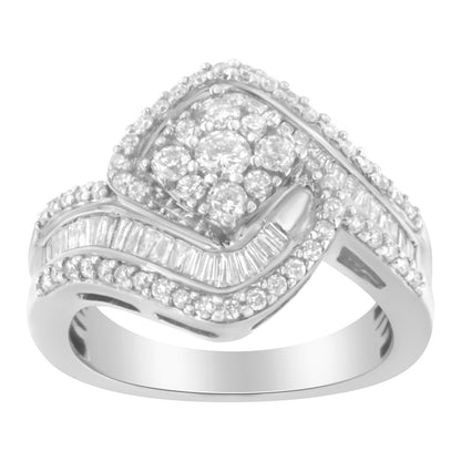 14K White Gold 1 Cttw Baguette and Round Diamond Floral Swirl Cluster Cocktail Ring