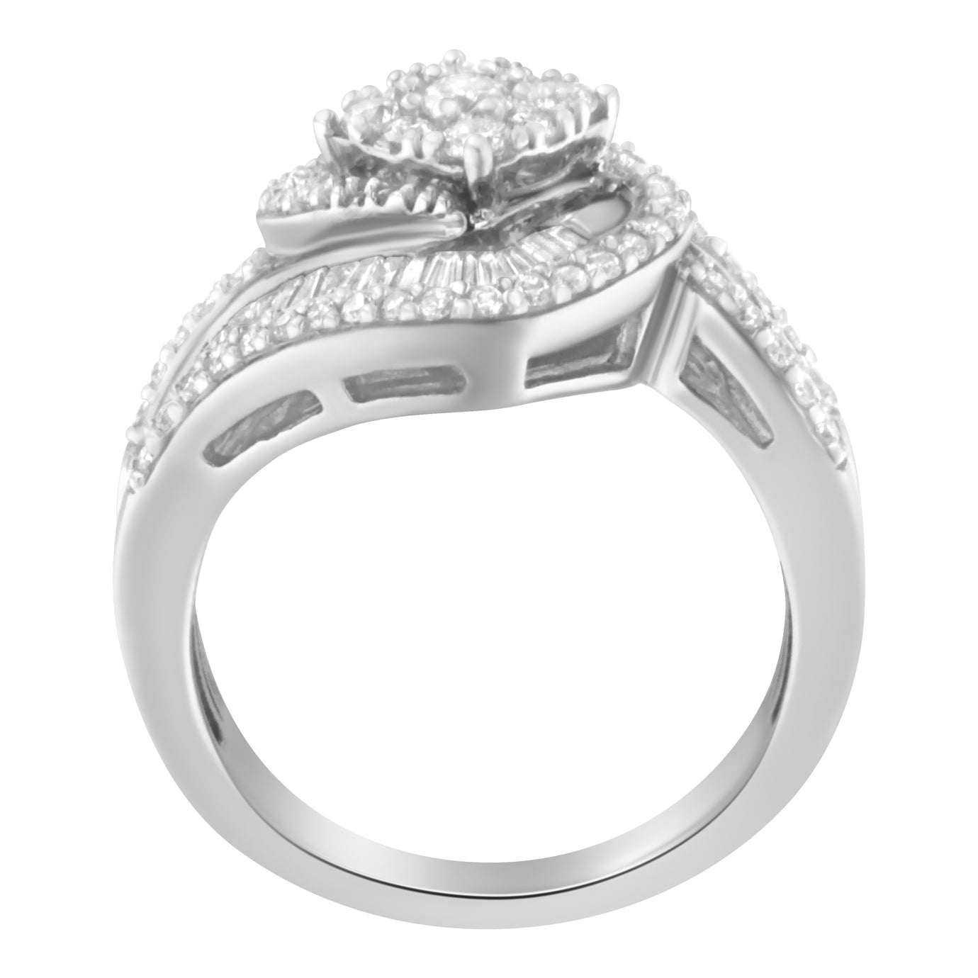 14K White Gold 1 Cttw Baguette and Round Diamond Floral Swirl Cluster Cocktail Ring