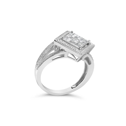 .925 Sterling Silver 1/3 Cttw Invisible Set Princess-Cut Diamond Rhombus and Beaded Halo Ring (H-I Color, SI1-SI2 Clarity) - Ring Size 7