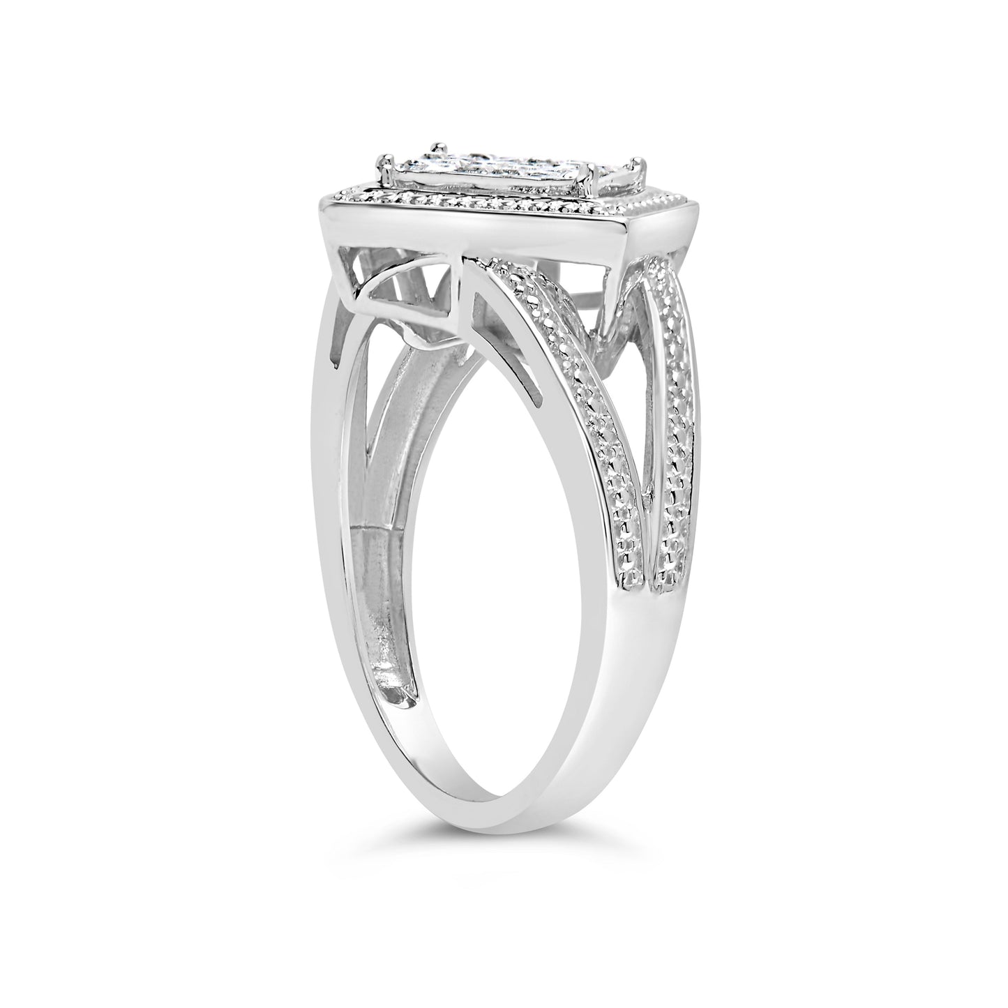 .925 Sterling Silver 1/3 Cttw Invisible Set Princess-Cut Diamond Rhombus and Beaded Halo Ring (H-I Color, SI1-SI2 Clarity) - Ring Size 7