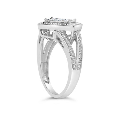 .925 Sterling Silver 1/3 Cttw Invisible Set Princess-Cut Diamond Rhombus and Beaded Halo Ring (H-I Color, SI1-SI2 Clarity) - Ring Size 7