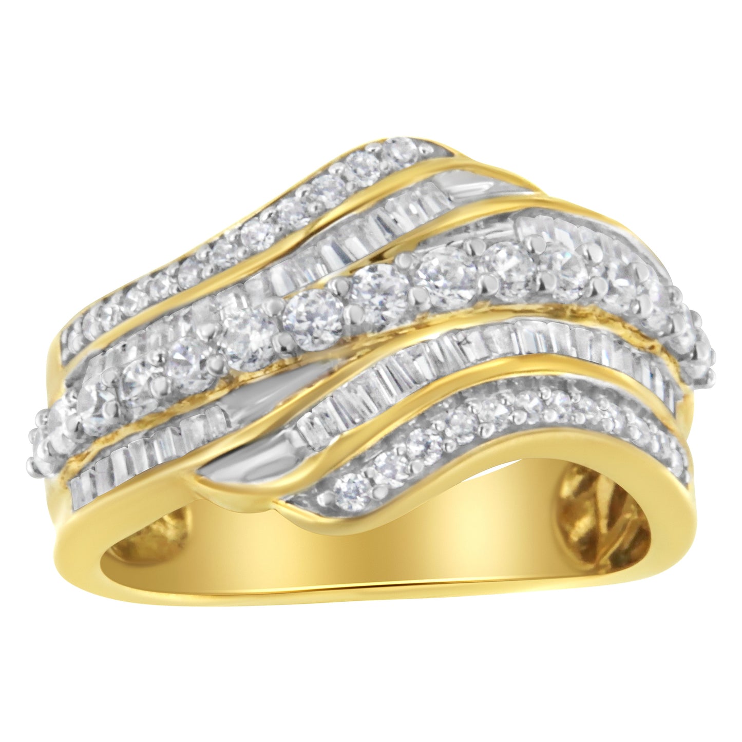 10K Yellow Gold 1.0 Cttw Baguette and Round Diamond Multi-Row Wave Bypass Ring (I-J Color, I1-I2 Clarity) - Ring Size 7